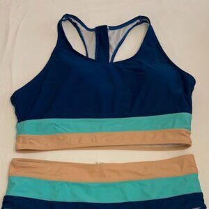 Blue, Turquoise and Cream High Waist Swim Suit